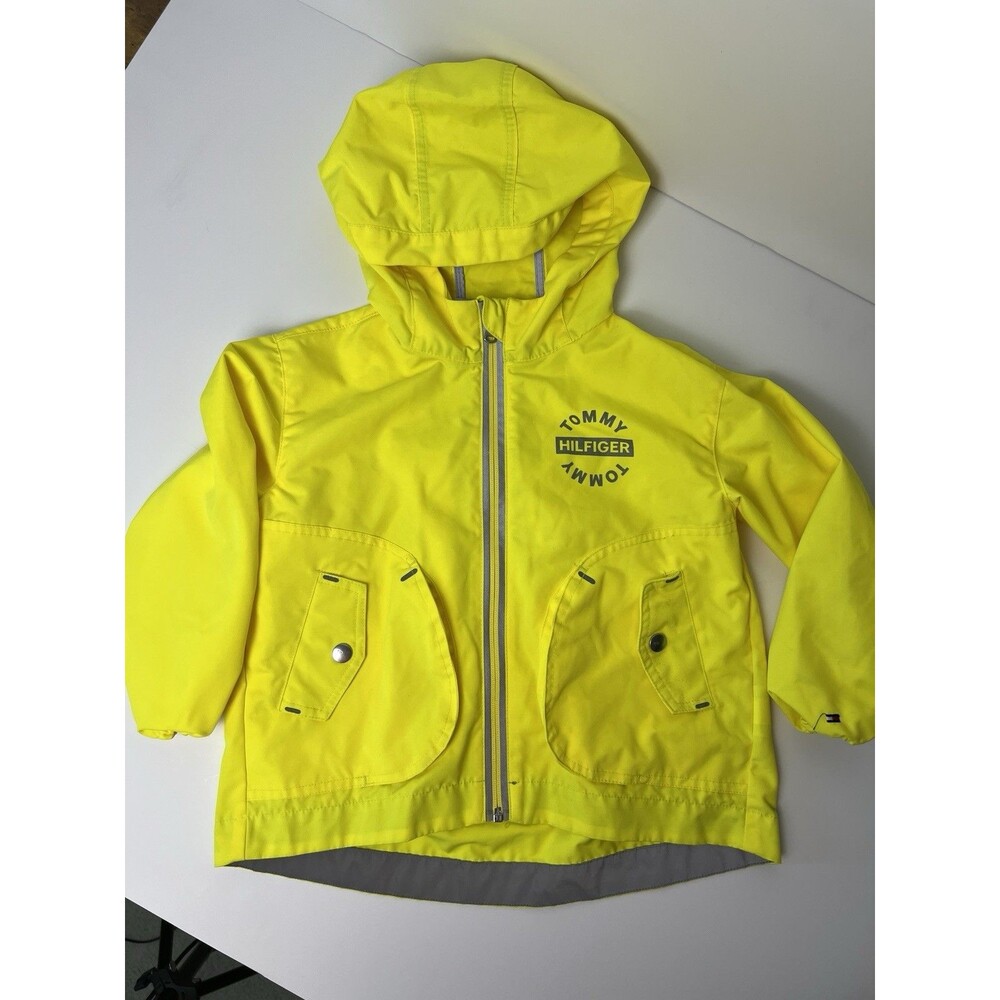 Tommy Hilfiger Neon Yellow Rain Jacket Boy Small Windbreaker Hooded Full Zip